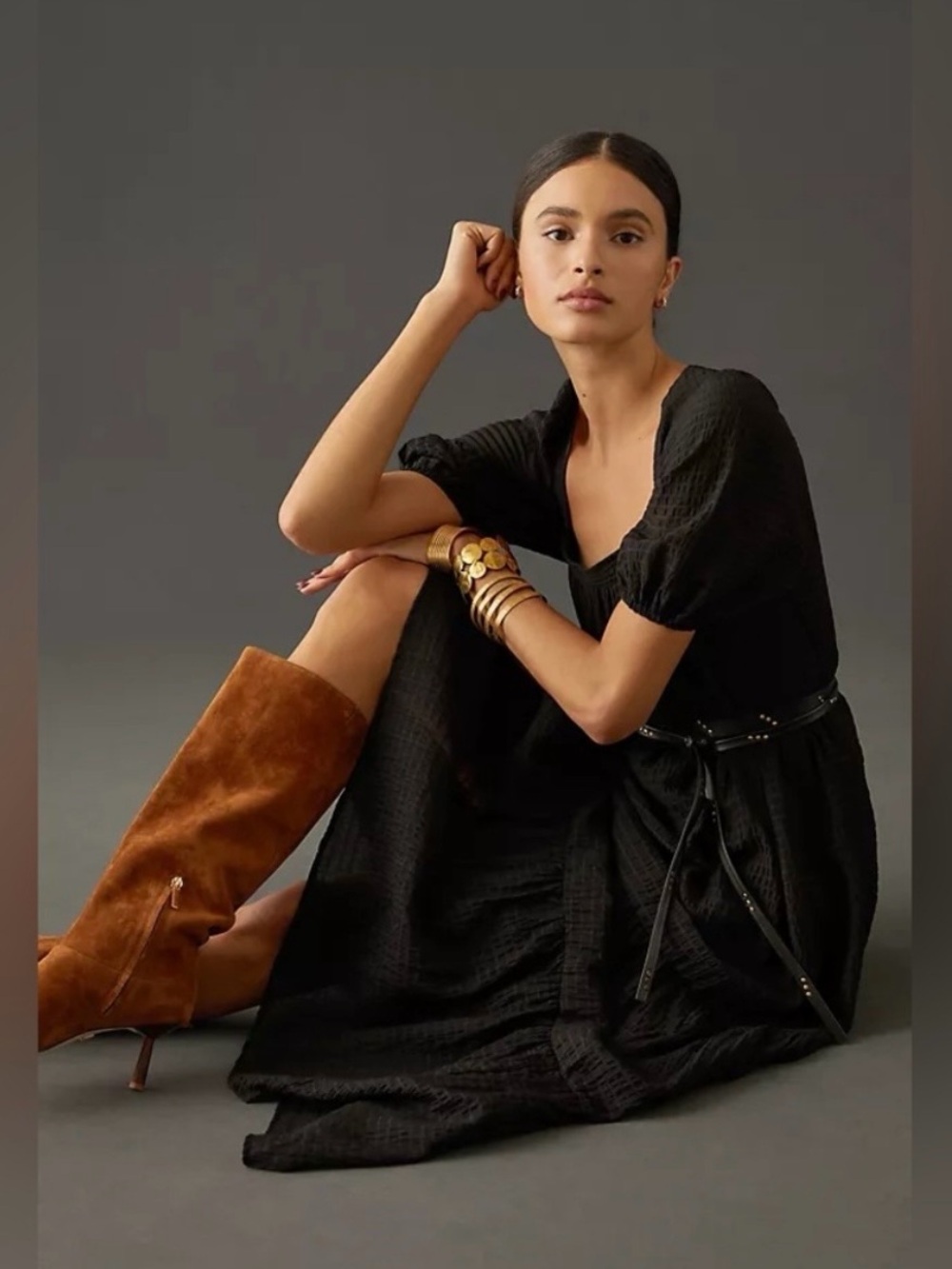 By Anthropologie Tiered Puff-Sleeve Maxi Dress in Black Size Large - Picture 3 of 14